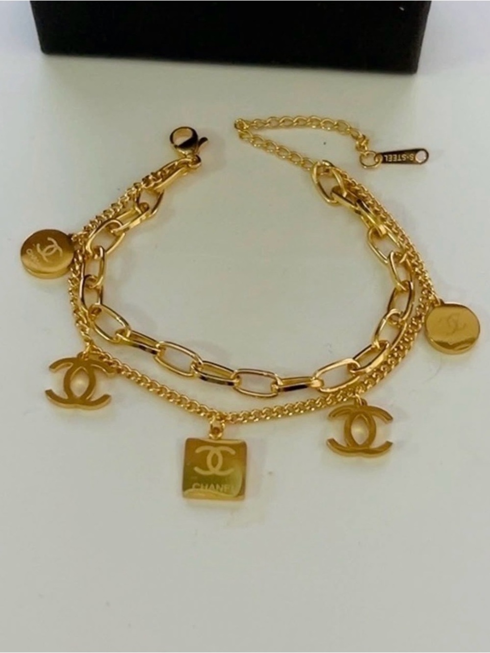 Designer Inspired Gold-Tone CCC Charm Multi-Chain Bracelet